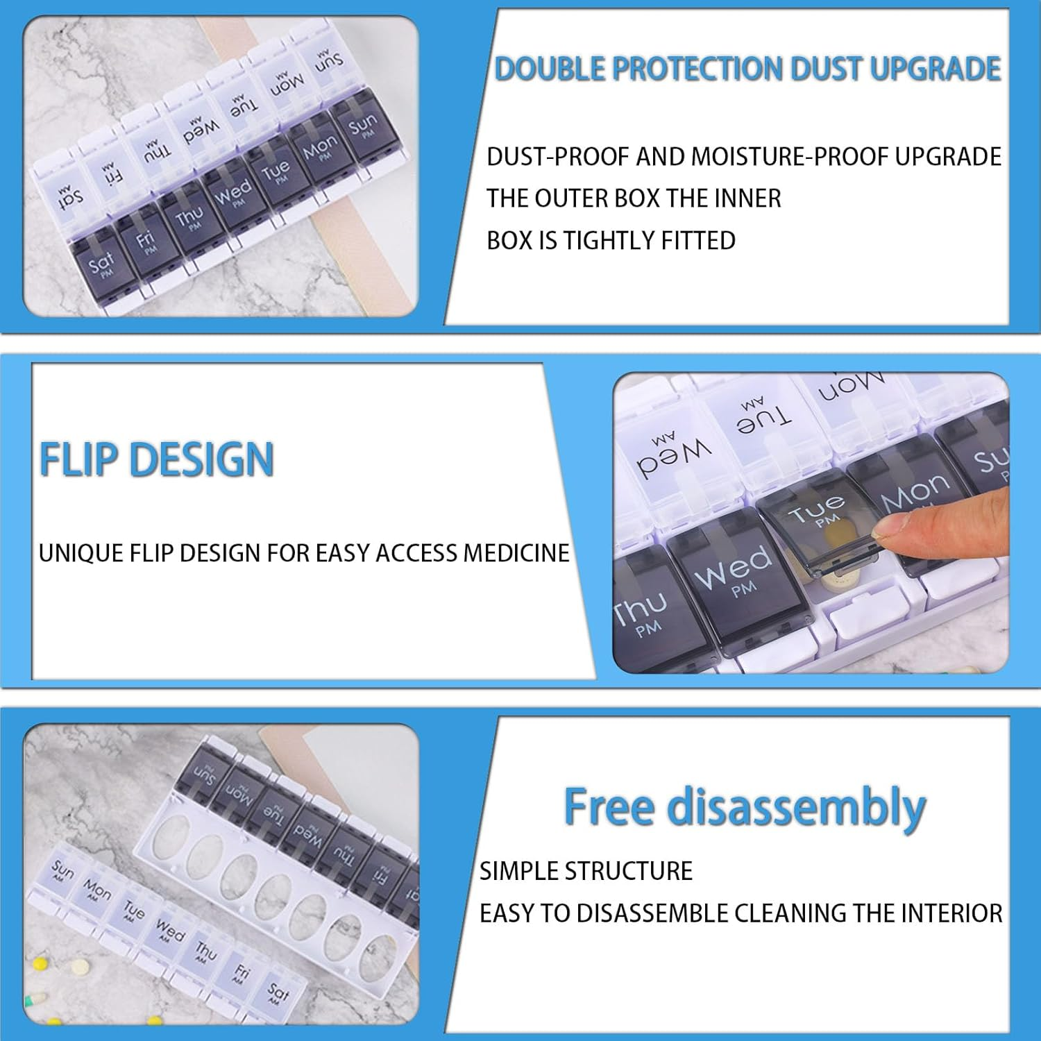 7-Day Pill Organizer (Black/White) | AM/PM Weekly Pill Case with Removable Trays & Push-Button Design | Bpa-Free, Large Capacity for Fish Oil, Vitamins, Supplements | Travel-Friendly Medication Box (14 Compartments) image number 5