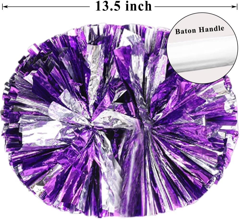 4 Pack Cheerleading Pom Poms,Metallic Cheer Pom Poms with Training Baton Handle for Team Sport Spirit Squad Bulk Cheerleaders(Purple and Silver) image number 1