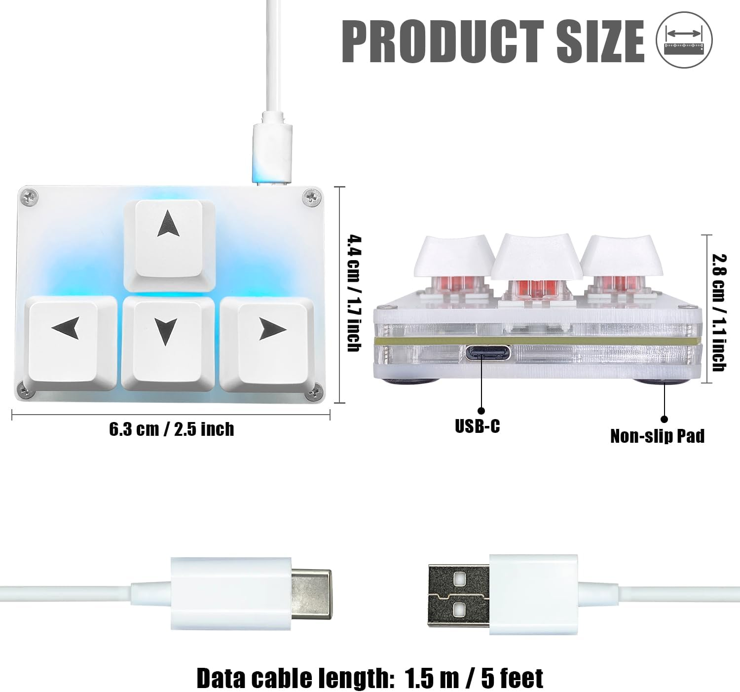 BTXETUEL Mini 4-Key Keypad WASD Arrow Key Keycaps Keyboard One-Handed Mechanical Gaming Keypad Programmable USB-C Customized Keyboard for Working or Gaming (White, Arrow Keycaps 1) image number 2