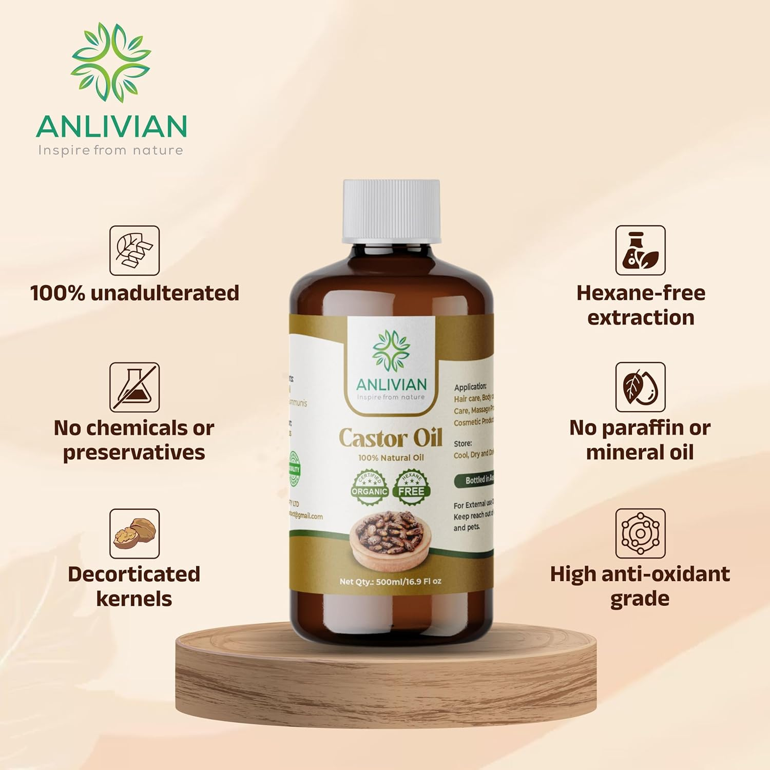 Organic Castor Oil 500Ml (AMBER GLASS BOTTLE) by Anlivian, Pure Natural & Cold Press, Unrefined, Moisturizer Oil, for Hair Growth, Eyebrows, Eyelashes, Skin,Nails