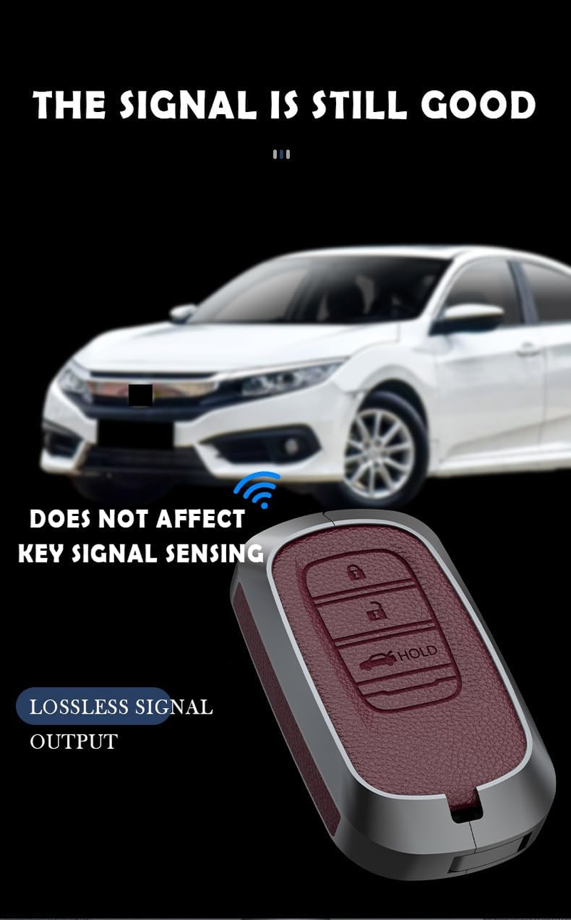 Ontto 3 Buttons Leather Key Fob Cover Fit for Honda Civic 11Th 12Th Gen Accord Vezel Freed Pilot CRV 2023 2024 Keychain Accessories Zinc Alloy Smart Key Case Shell Holder Bag Keyring Red B - A-Black image number 3