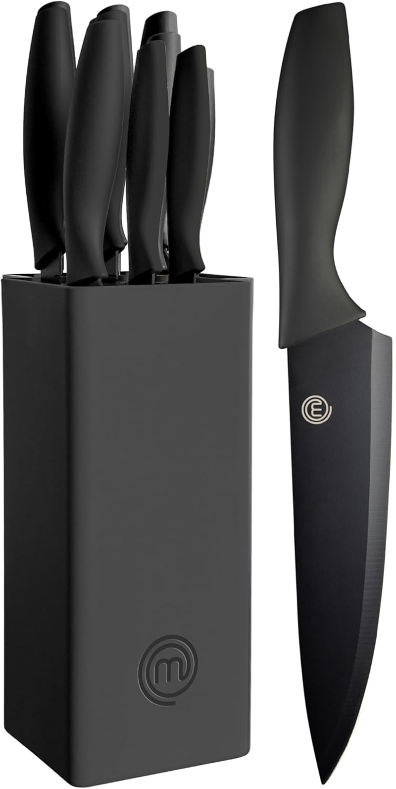 Masterchef Knife Block Set of 6 Kitchen Knives, Extra Sharp Stainless Steel Blades for Professional Cutting with Non Stick Coating & Soft Touch Easy Grip Handles in a Universal Block, Essential Black image number 1