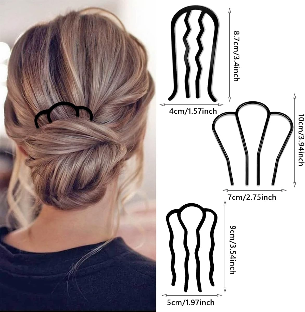 6 Piece Metal Hair Side Combs & Forks, U Shape for Vintage Updo Bun Hairstyles, Hair Accessories (4 Styles) image number 3
