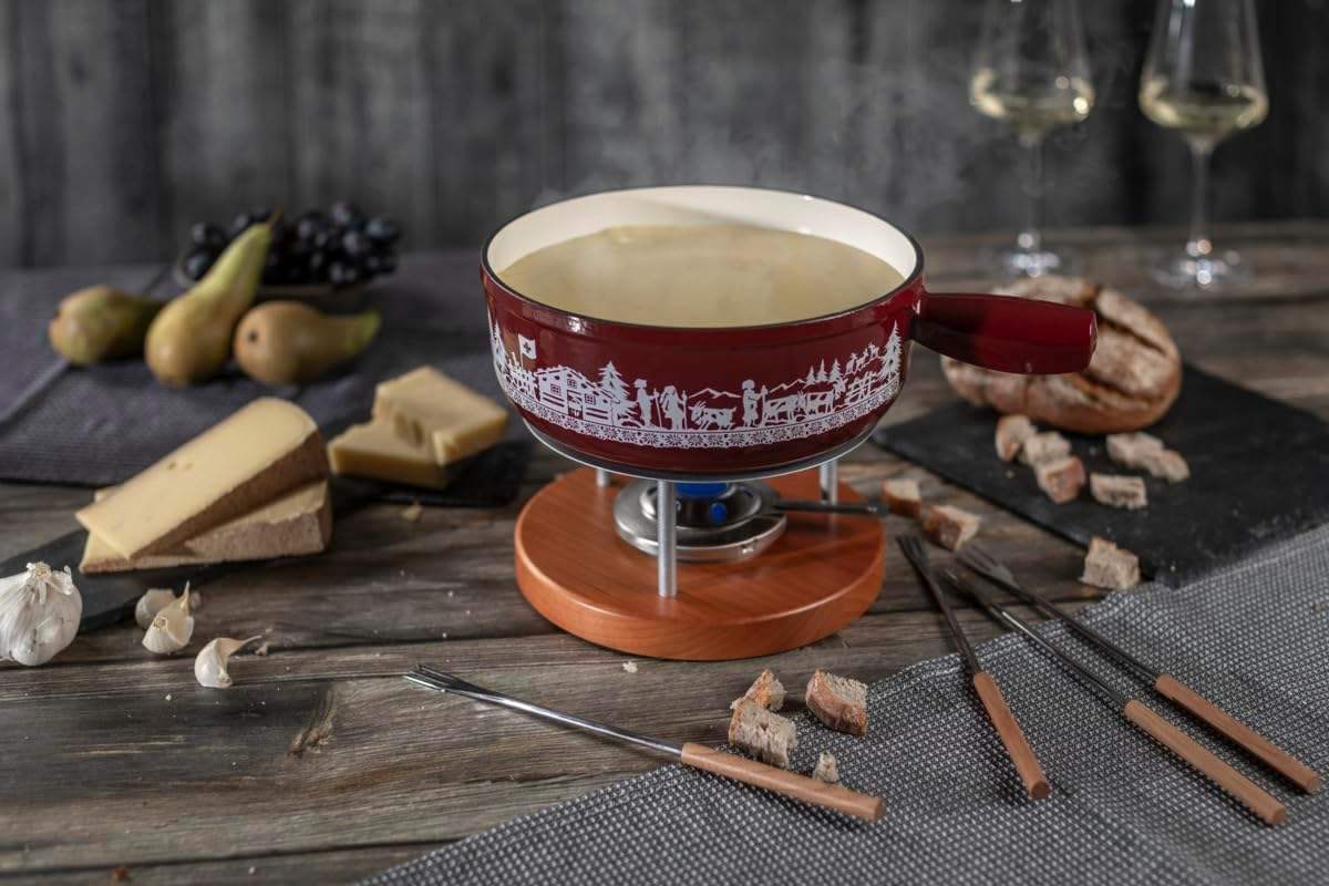 KUHN RIKON 32276 Cheese Fondue Set Induction Cast Iron Red Alpine Willow 24 Cm