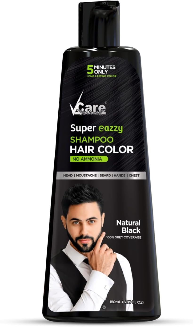 Vcare Super Eazzy Hair Colour Shampoo for Women and Men 180Ml | Only 5 Minute Root Hair Dye Coloring Kit Head, Moustache, Beard, Hands, Chest | No Parabens, Ammonia and Sulfates (Natural Black) image number 2