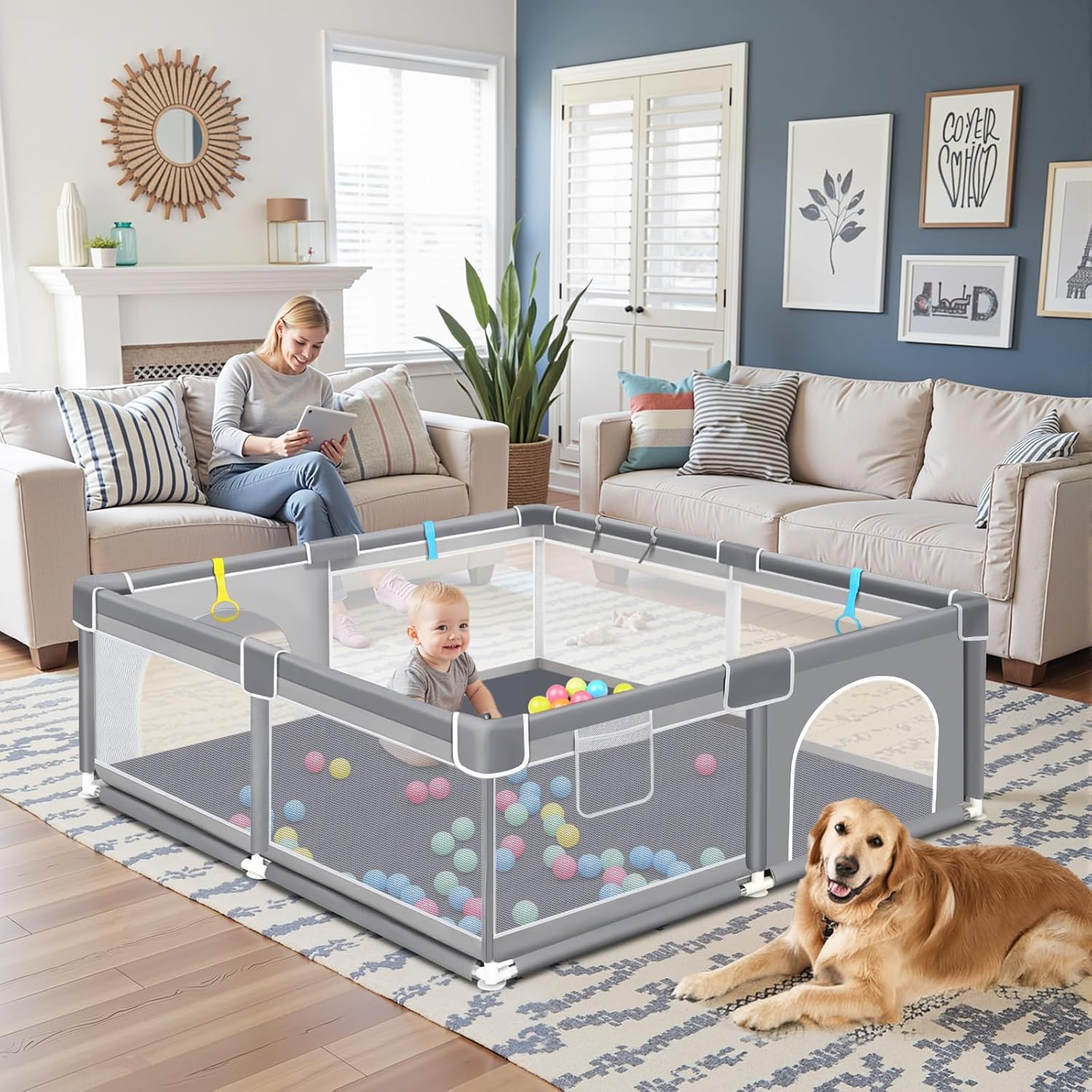 Extra Large Baby Playpen, Mankami 200 * 180Cm Baby Play Pen Yard for Babies and Toddlers Safety Baby Fence with Breathable Mesh Indoor & Outdoor Kids Activity Play Center image number 4