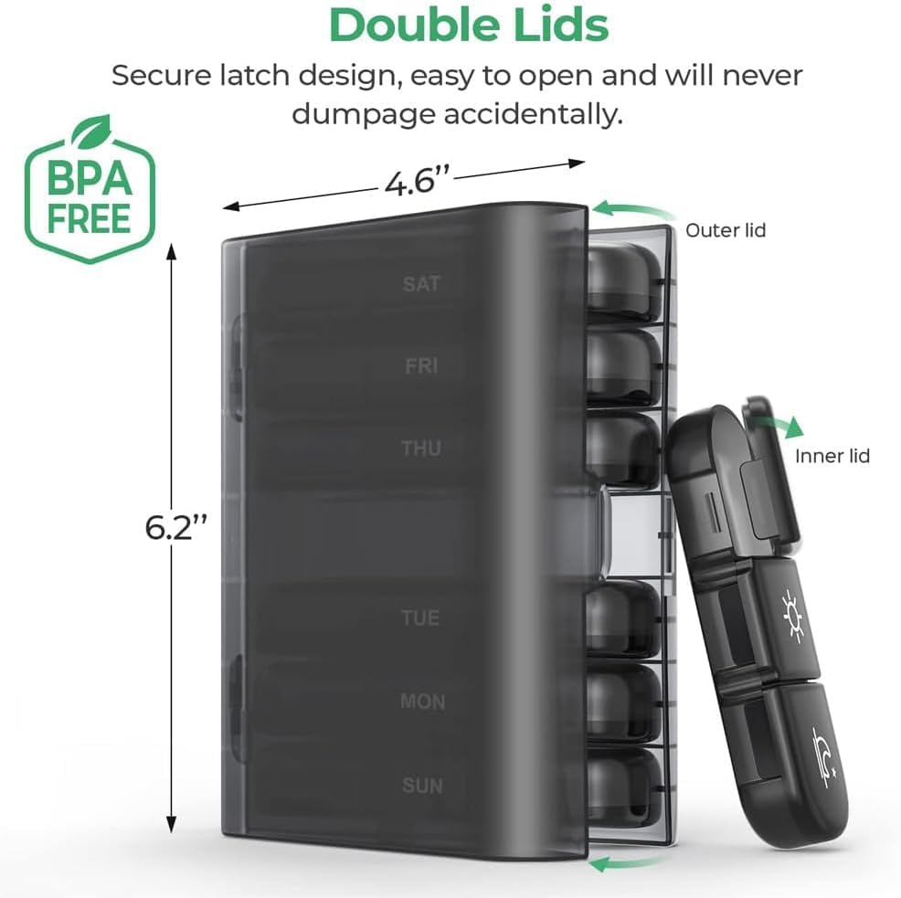 Pill Box Organiser 2 Times a Day, Portable 7 Day Pill Boxes, Tablet Organiser with Large Compartments for Medicine, Medication, Vitamin and Fish Oil Supplements (Black) image number 5