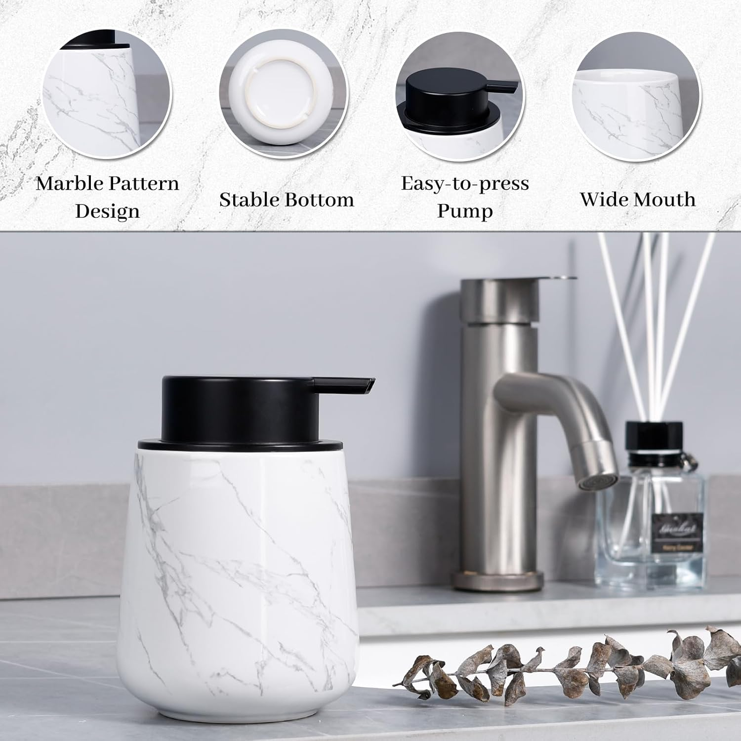 Foaming Soap Dispenser, 320Ml Ceramic Soap Dispenser Foam Dish Soap Dispenser for Bathroom Kitchen, Modern Marble Refillable Hand Soap Dispenser image number 5