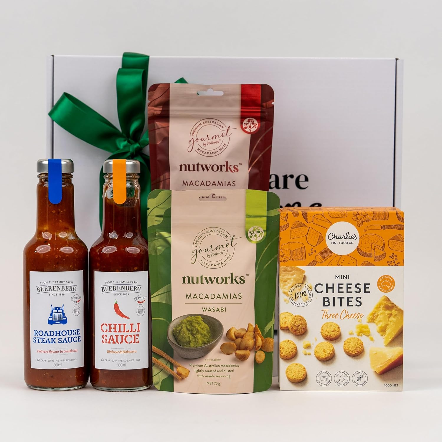 The Hamper Boutique Co Gourmet Spice & Snack Gift Hamper &ndash; Beerenberg Chilli & Steak Sauces, Wasabi & Salted Chilli Macadamias, Cheese Bites &ndash; Premium Food Basket for Men & Women