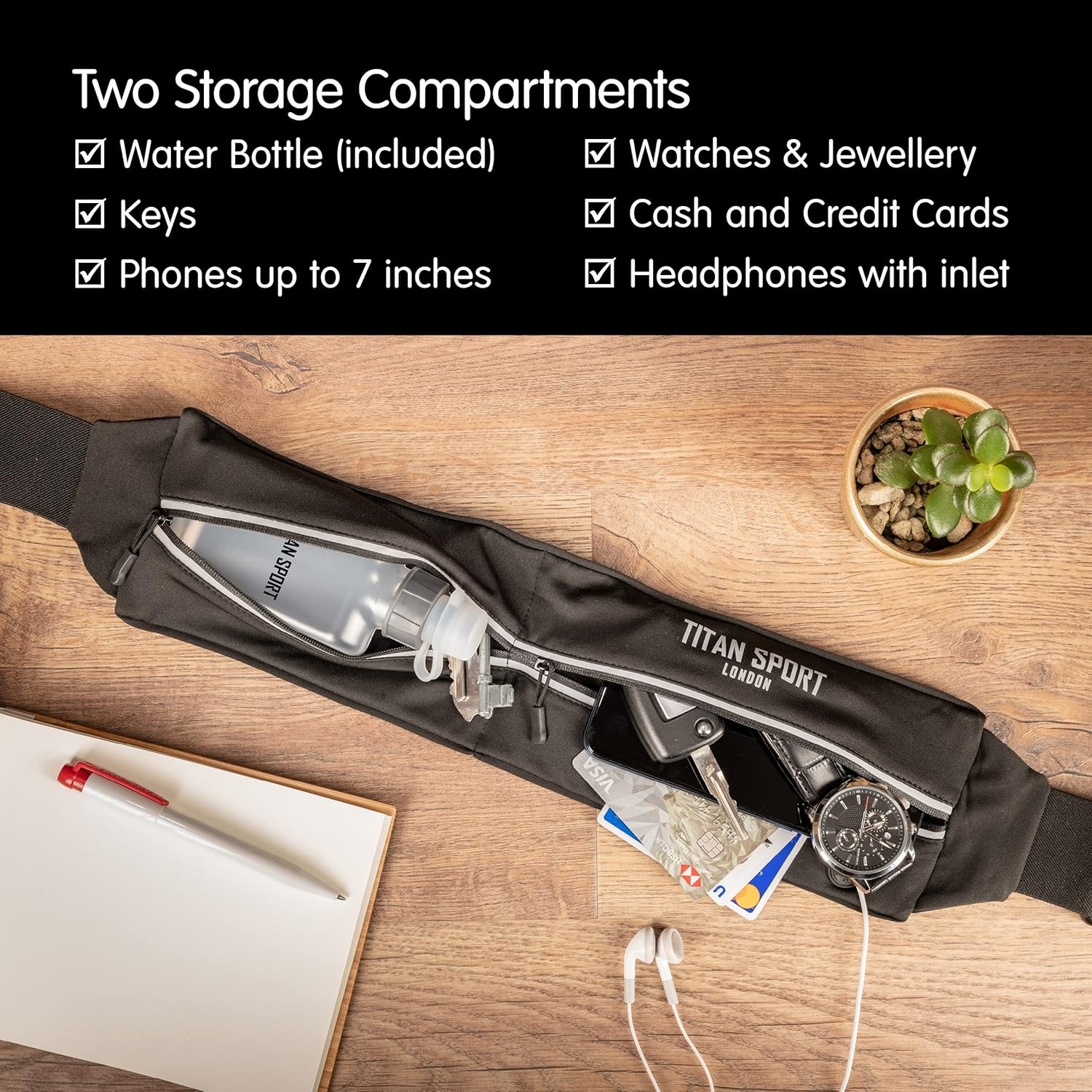 TITAN SPORT Running Belt Waist Bag Phone Holder with Ultra Slim Water Bottle (190Ml), Adjustable Sports Water Resistant Band with Two Pockets Fits Smartphones up to 7", Ideal for Men & Women&rsquo;S Fitness, Black, Ultra Slim Running Belt image number 3