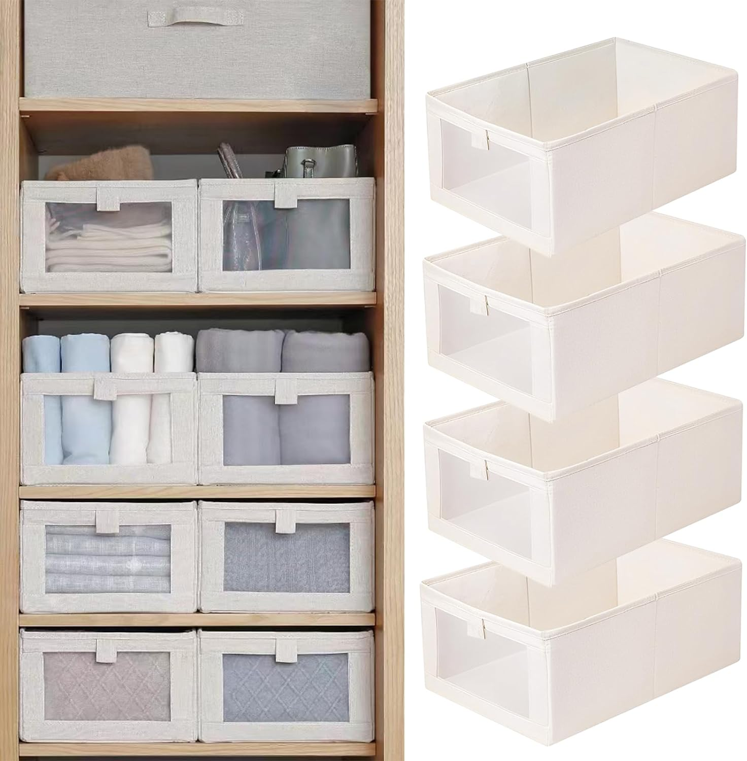 Linen Closet Organizers and Storage, 4 Pack Closet Storage Bins Linen Closet Baskets for Closet Organization Foldable Closet Organizer Bins with Clear Window for Organizing Clothing, Jeans, Shelves image number 2