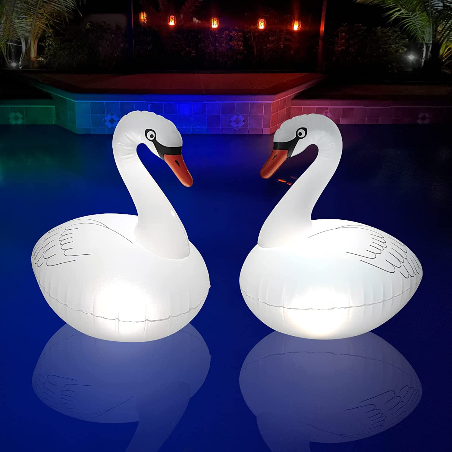 Floating Pool Lights Solar 2PK, Waterproof Inflatable Swan Pool Lights, Glow in the Dark Color Changing LED Pool Floating Swan Light for Backyard Spa Patio Wedding Party Decor