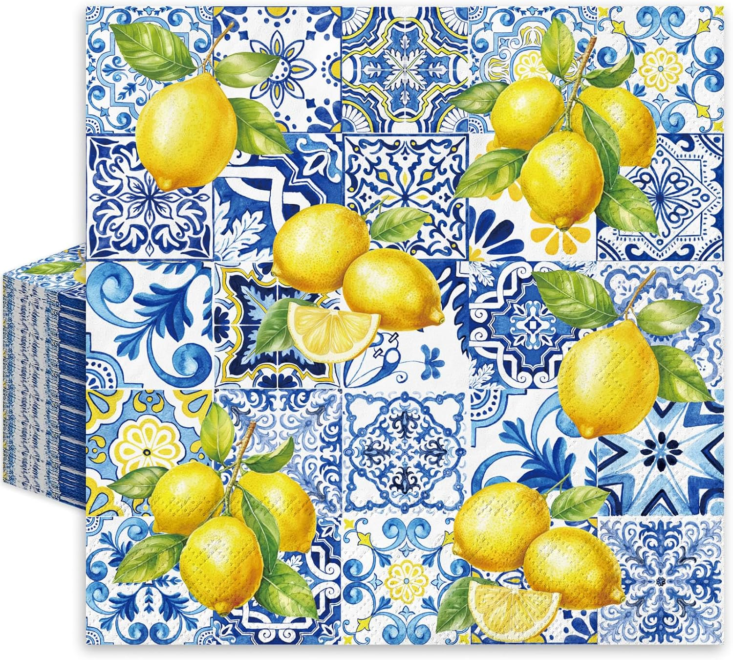 80Pcs Tiles Lemons Paper Napkins Blue Yellow Disposable Napkins Decorative Dinner Napkins Luncheon Napkins for Party Supplies Table Decor