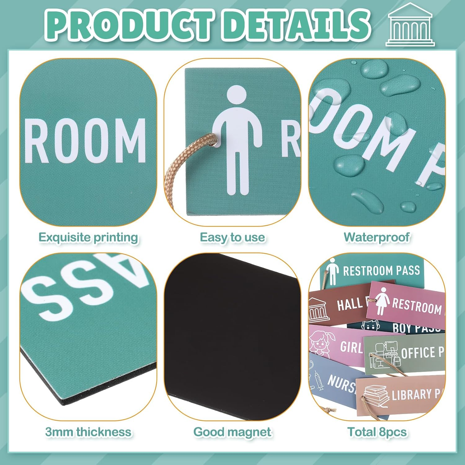 8 Pcs Magnetic Hall Pass for Kids Reusable Waterproof Classroom Girl Office Boy Nurse Restroom Pass for Teachers Nursery Kindergarten Decor (Pure) image number 3