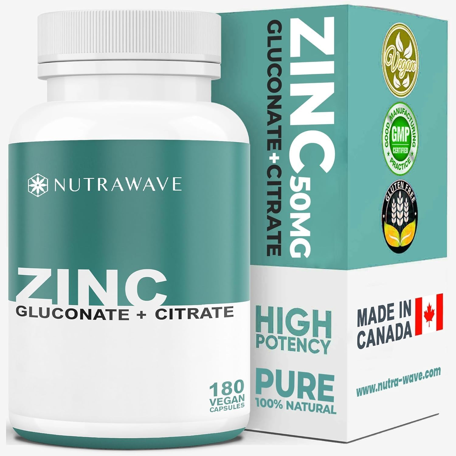 Nutrawave 2-In-1 Zinc Supplement | 50Mg Zinc Gluconate + Citrate | All Natural Formula | Vegan | 6-Month Supply