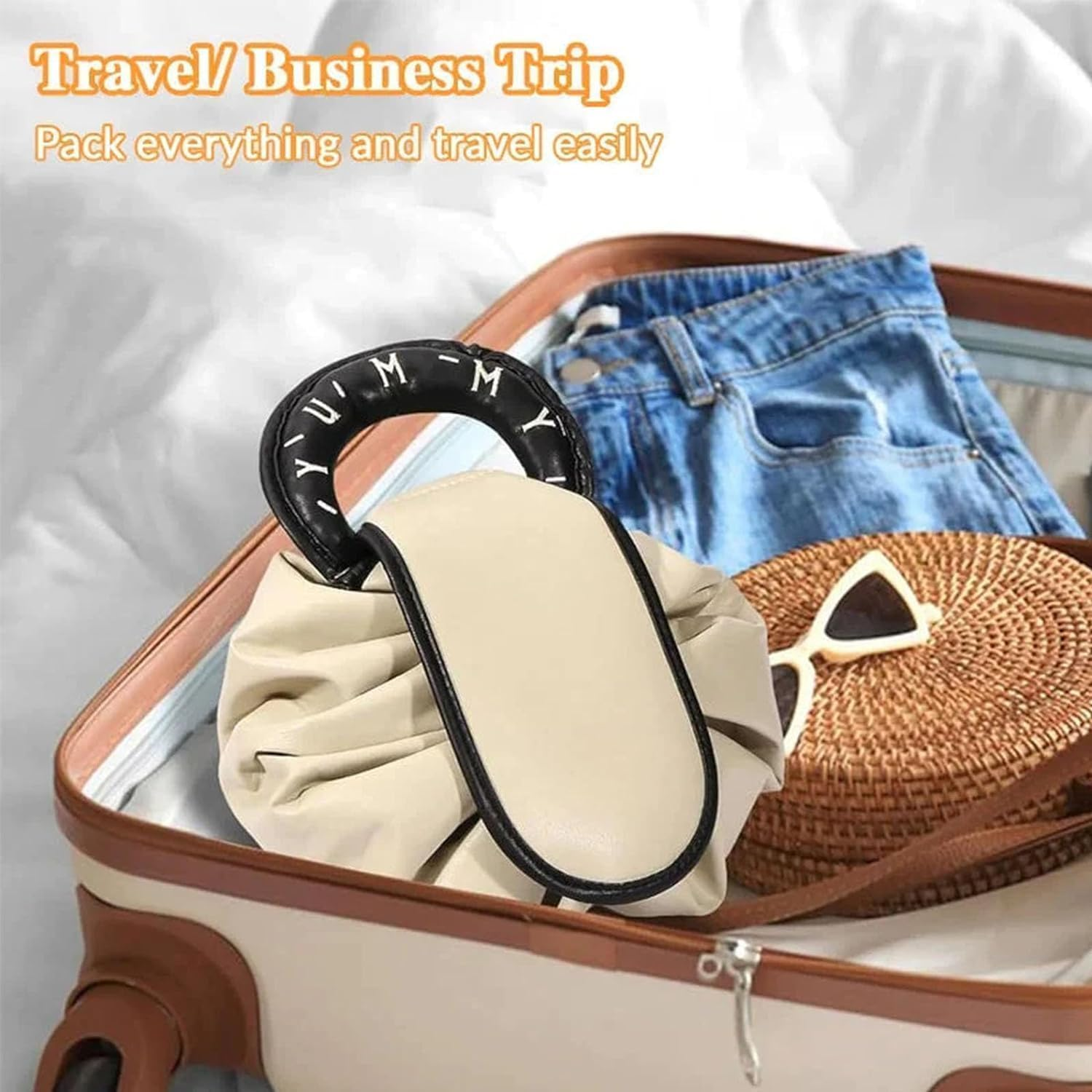 Lay Flat Makeup Bag, Drawstring Storage Bag, Flat Lay Cosmetic Bag, Beige image number 5