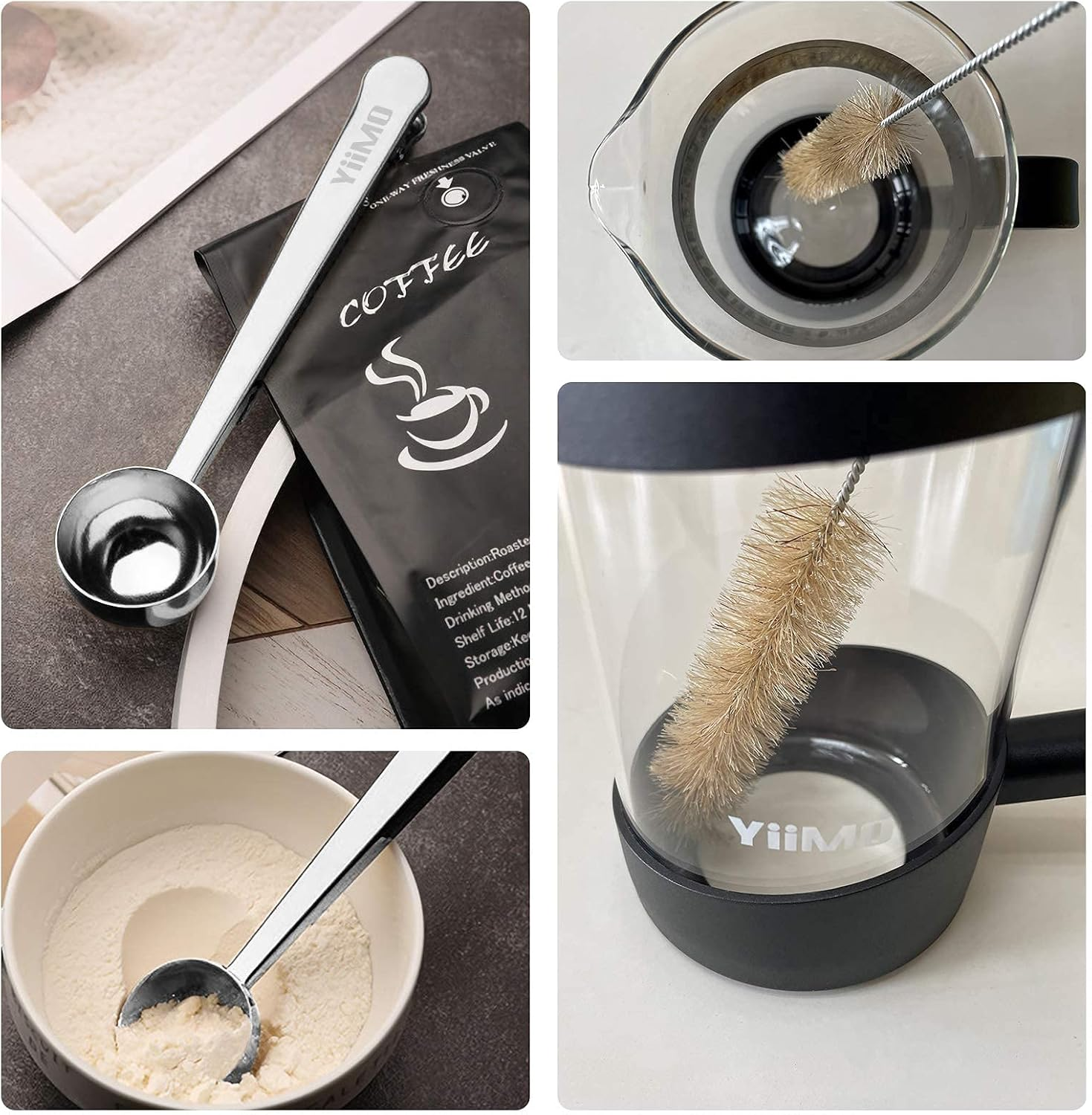 Yiimo French Press Coffee Maker, 34 Oz Large Glass Pitcher 4 Level Filter System Caf&eacute; Carafe Teapot plus Stainless Coffee Spoon N Cleaner Brush for Hot Cold Brew image number 3