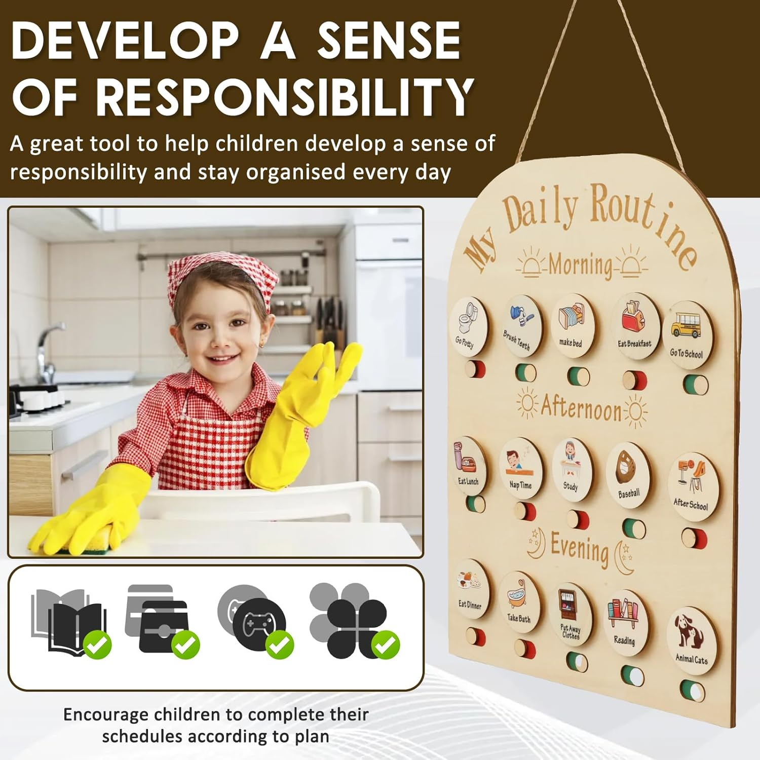 Wood Daily Routine Chart, Time Management Kid Visual Schedule, Slide Change Wood Chore Chart, Learning Materials Daily Schedule Board for Home, Exercise Learning for Children image number 4