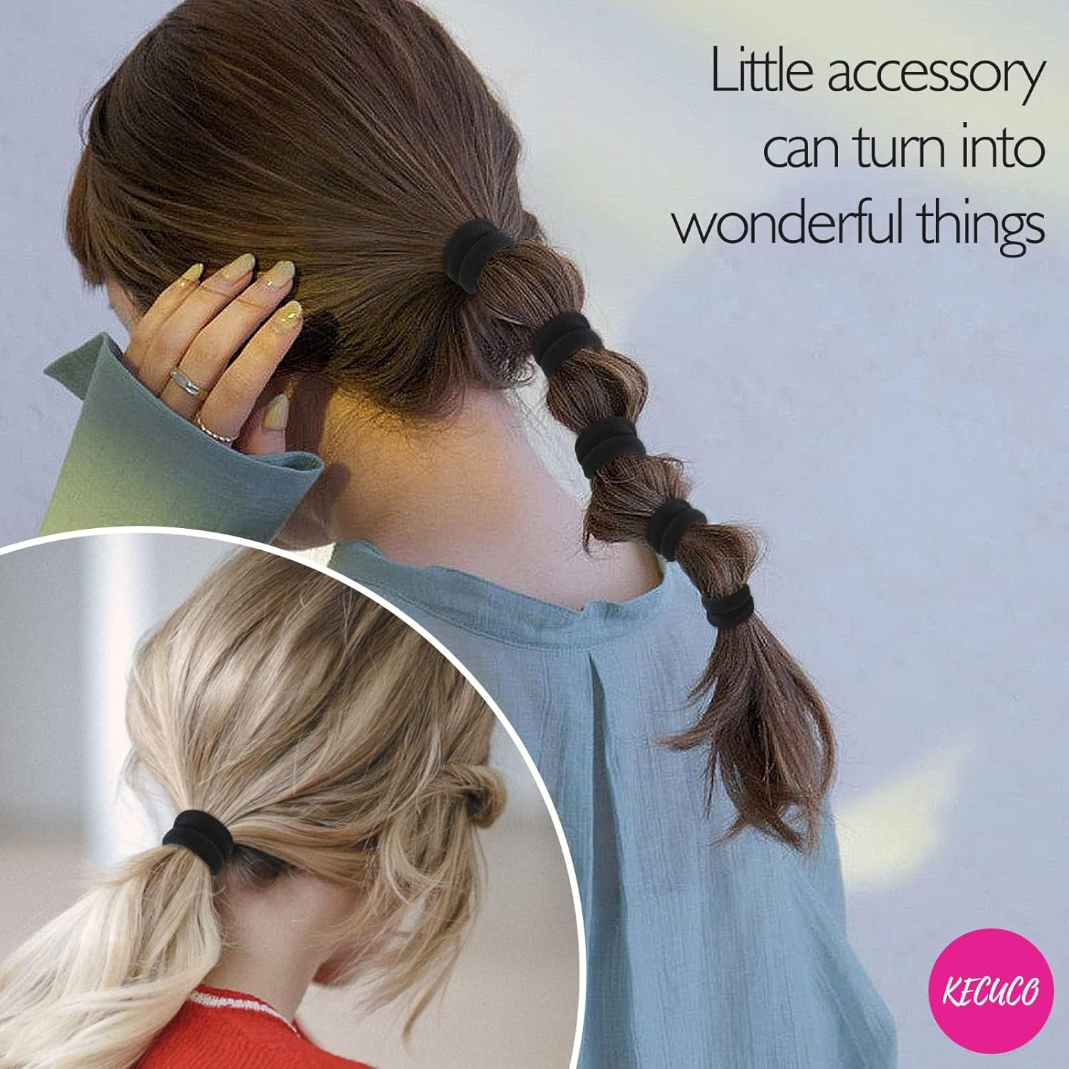 200PCS Black Hair Ties for Women Mens Girls, Large Stretch Cotton Seamless Hair Bands, Hair Elastic Ponytail Holders for Thick Heavy and Curly Hair image number 2