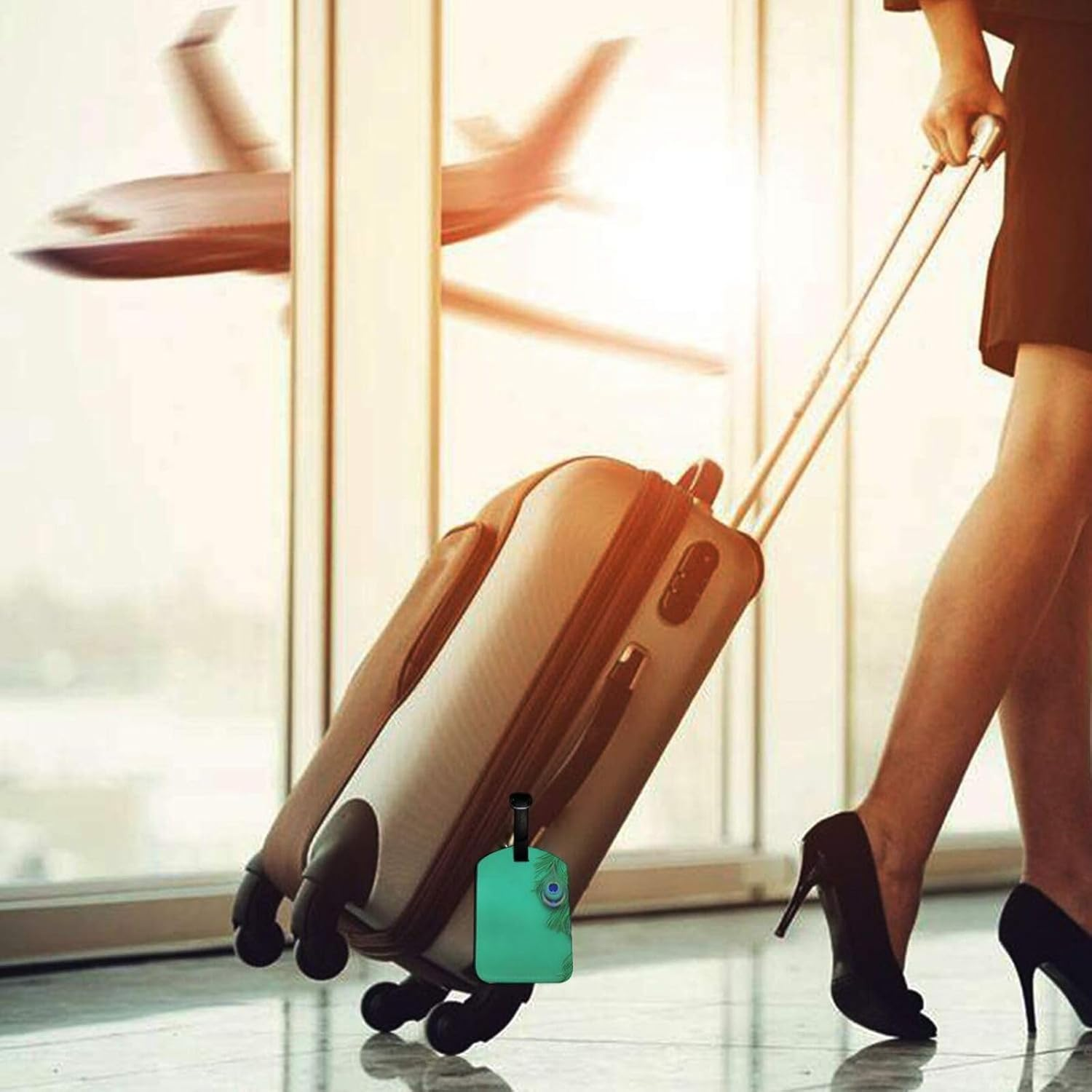 Green Peacock Feather Print Elegant Tag Stylish Tag Luggage Tag 4.3 X 2.76 Inch for Suitcases Travel Bags image number 3