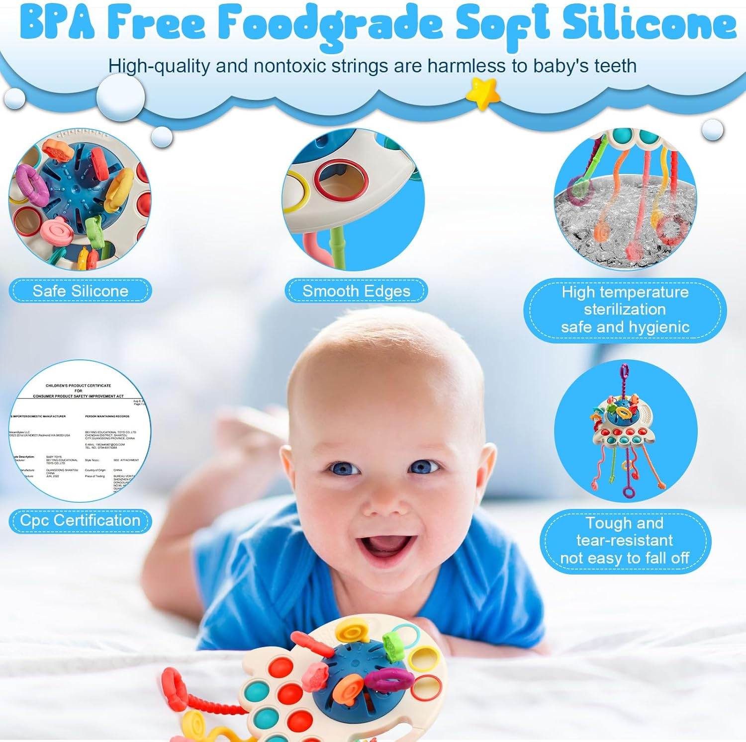 Pull String Activity Toy - Montessori Sensory Toys for Toddlers, Baby Travel Toys, Fine Motor Skills Toys, Boys/Girls/Toddlers Octopus