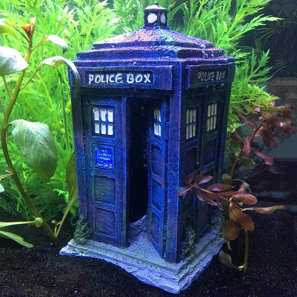 SLOCME Fish Tank Tardis Police Box Decorations - Aquarium Fish Hideout House Resin Ornament,Blue