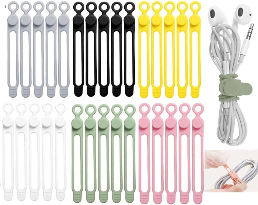 36Pcs Silicone Cable Straps Wire Organizer for Earphone, Phone Charger, Mouse, Audio, Computer, Reusable Cable Ties Cord Organizer(6Colors)