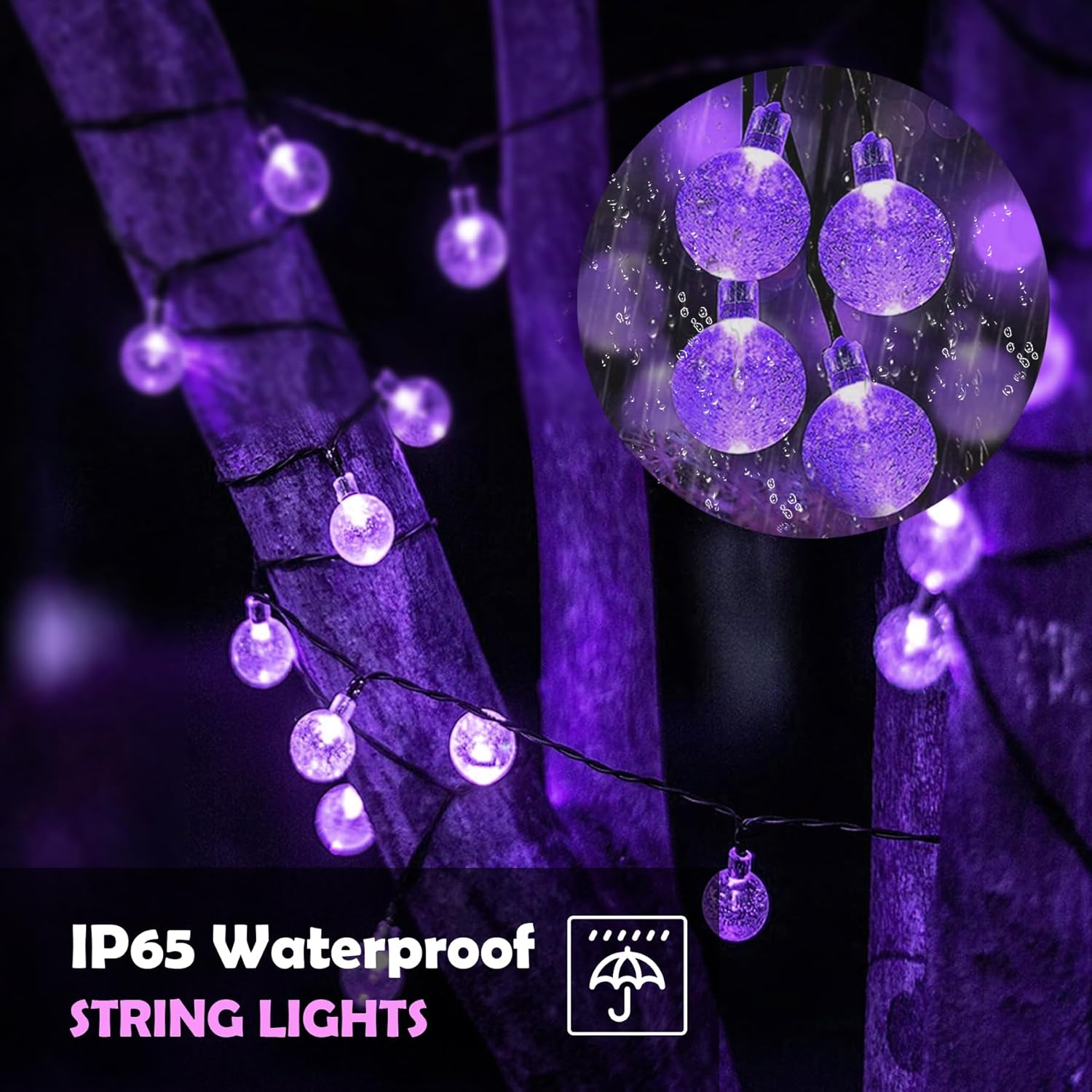 20 LED Decorations Crystal Globe Solar String Outdoor Lights with 8 Lighting Modes Waterproof Solar Powered Patio Hanging Light for Garden Yard Porch Wedding Party Decor(Purple) - Warm Light image number 6