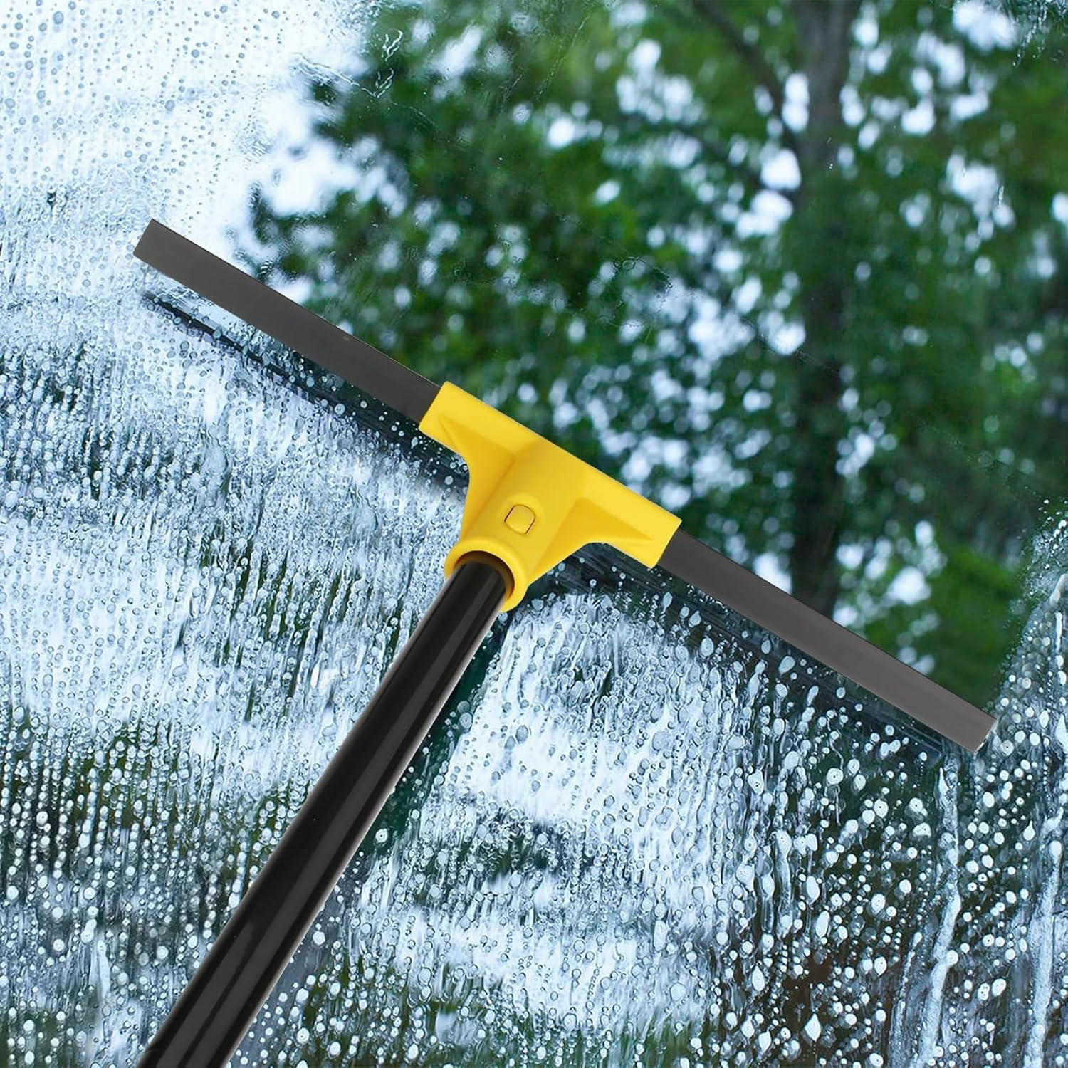 Squeegee Broom for Floor, 18'' Heavy Duty Rubber Wiper with 60'' Long Handle for Bathroom Tile, Garage Concrete, Deck, Shower Glass, Window Cleaning (Yellow)