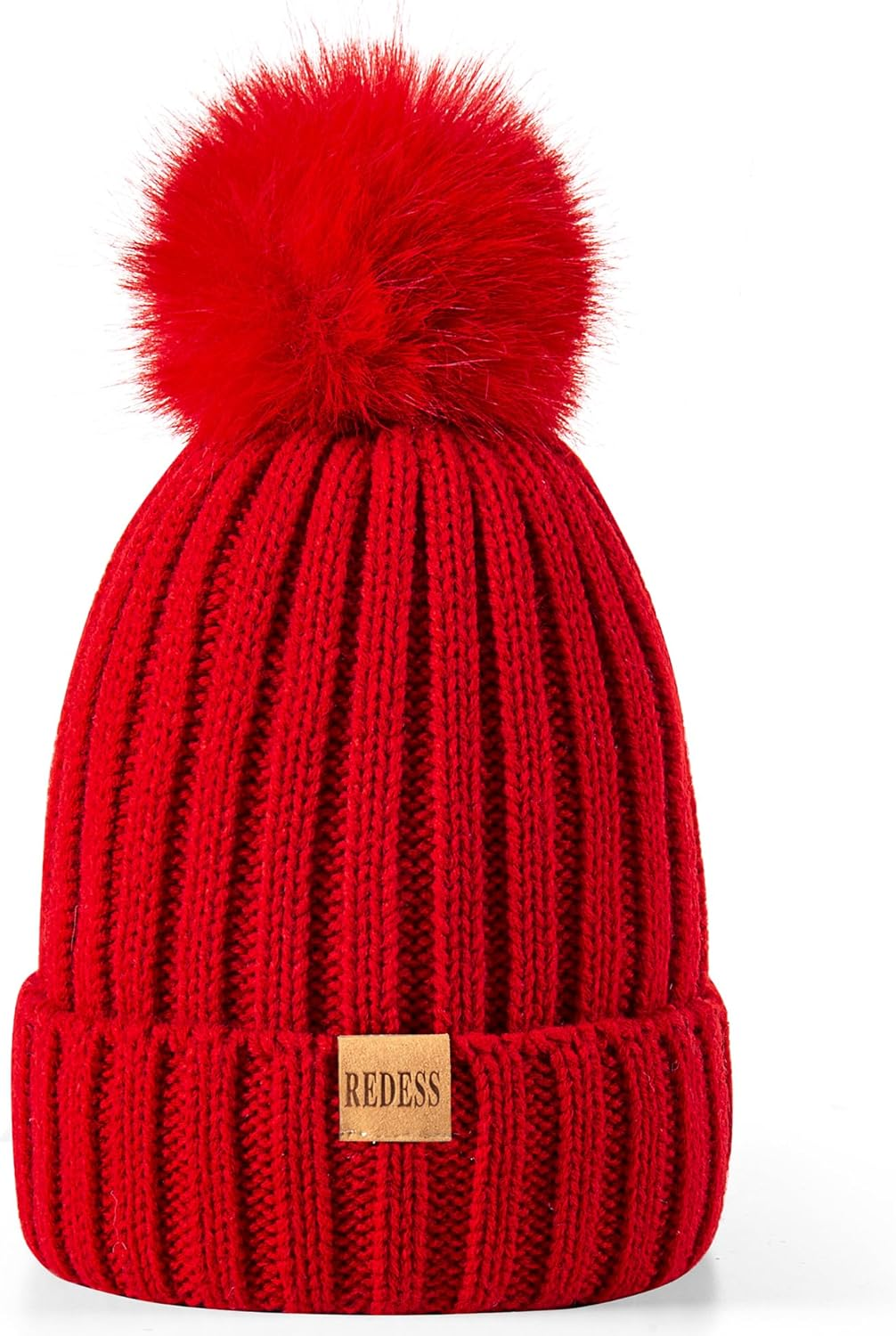 REDESS Womens Winter Knitted Beanie Hat Warm Fleece Lined with Pompom Cap Thick Slouchy Snow Knit Skull Ski Cap - Black image number 2