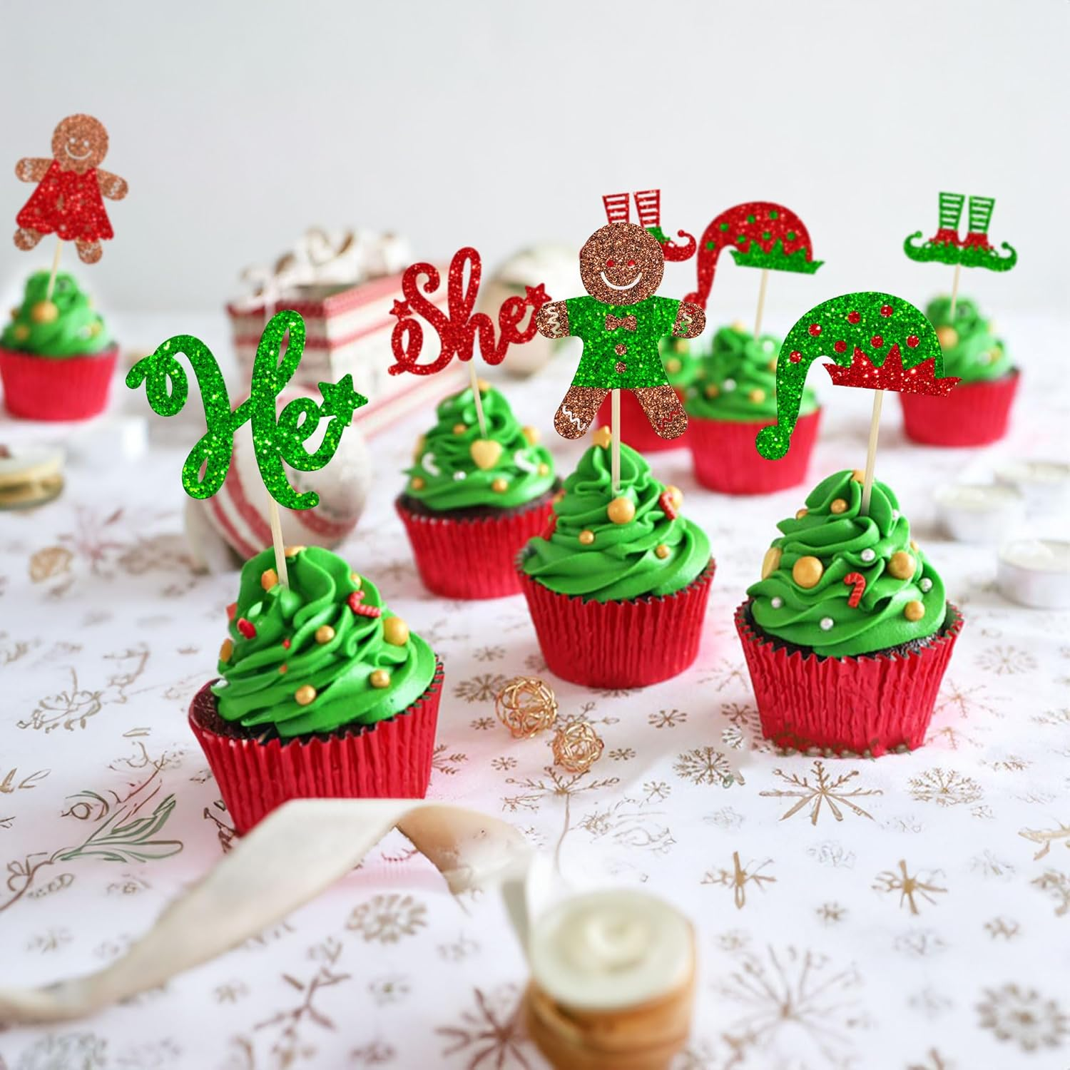 Gyufise 24Pcs Gingerbread Christmas Cupcake Toppers Glitter Gingerbread He or She Cake Topper Decorations for Christmas Theme Baby Shower Kids Birthday Party Supplies image number 5