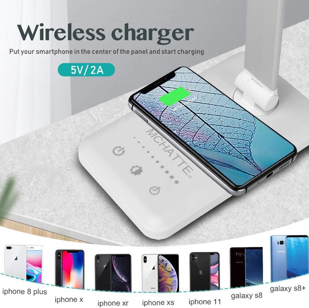 MCHATTE LED Desk Lamp with Wireless Charger, USB Charging Port, Dimmable Eye-Caring Desk Light with 5 Brightness Levels & 5 Lighting Modes, Touch Control, Auto Timer (White) image number 2