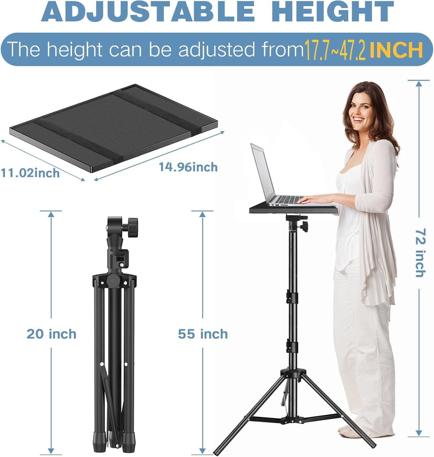 Projector Stand Tripod Adjustable, Portable Laptop Tripod, Adjustable Height up to 47.2 Inch with Gooseneck Phone Holder, Suitable for Office, Home, Stage.