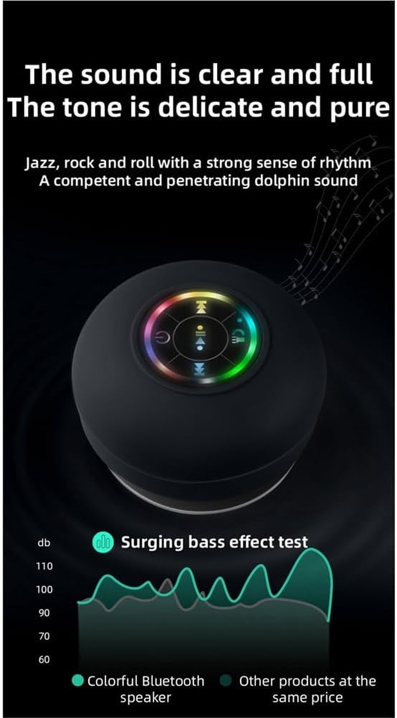 Tuperoymse 1Set Mini Bluetooth Speaker Bathroom Audio Wireless Shower Speakers RGB Light Bluetooth Suction Cup Speaker Waterproof, Black, 00344946A1 image number 3