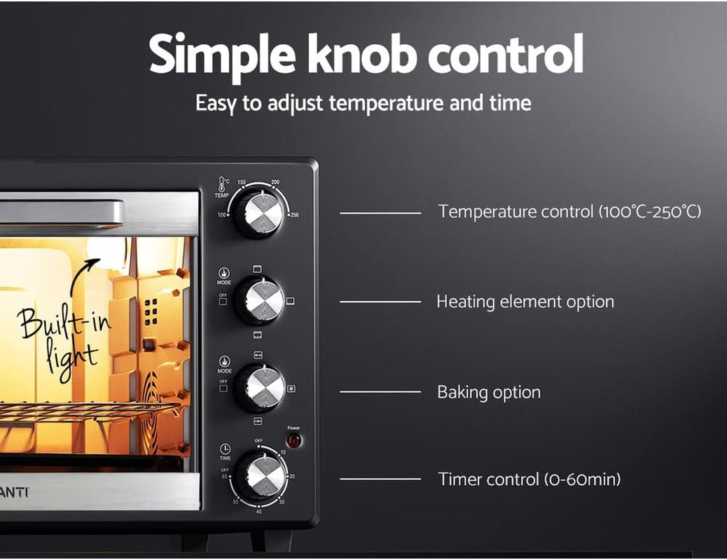 Devanti Convection Oven, 60L Electric Benchtop Ovens Baking Plate Cooking Portable Toaster Grill Home Kitchen Cooker Bakeware Machine, with 4 Tray Built-In Light Stainless Steel Black image number 4