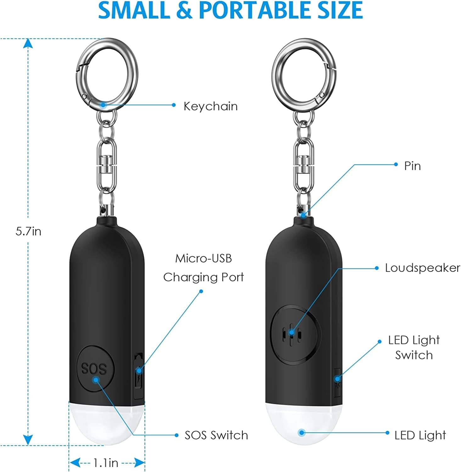 AMIR Personal Alarm for Women Elderly, 130Db Loud Personal Alarm Police Approved with LED Flashlight, Rechargeable Small Personal Panic & Rape Alarm Keyring for Students, Girls, Kids (Black) - 1, Black image number 3