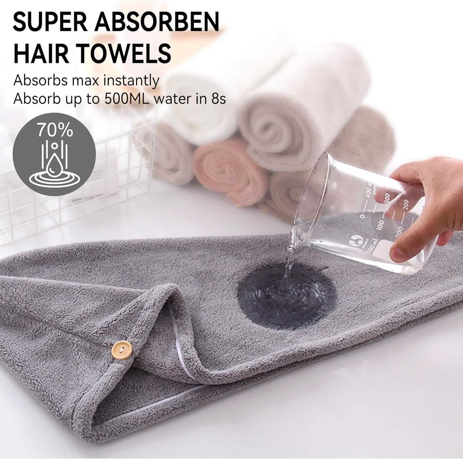 2 Pack Microfiber Hair Towel,Quick Dry Head Wraps Hair Towel Turban Wrap for Women Kids,25.6X9.8 Inch Super Absorbent Fast Hair Drying Towel with Button for Wet Curly Hair(Black) image number 3