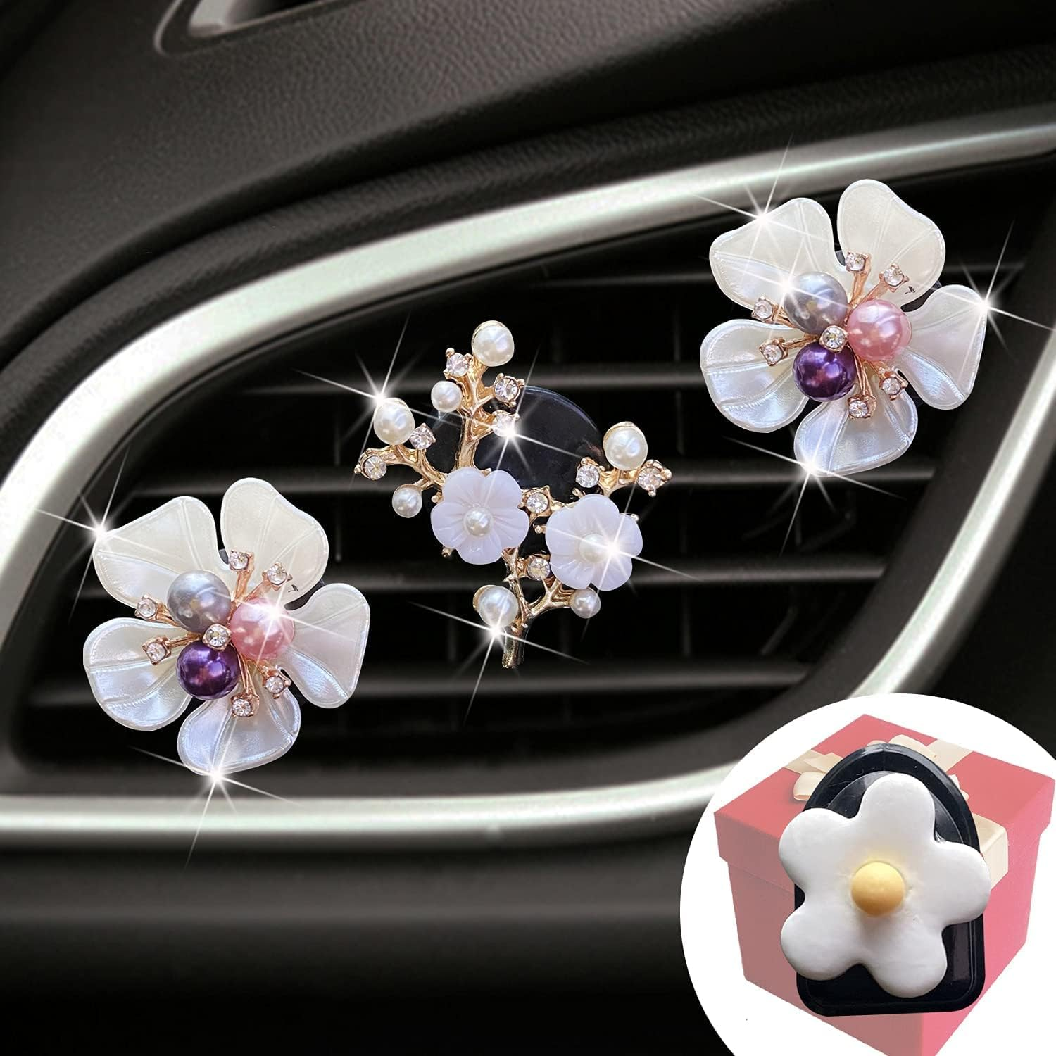 Bling Flower Air Vent Clips, 6 Pcs Cute Daisy Air Fresheners, Diffuser with Rhinestone Interior Decoration Charm, Diamond Decor Accessories for Women Girls