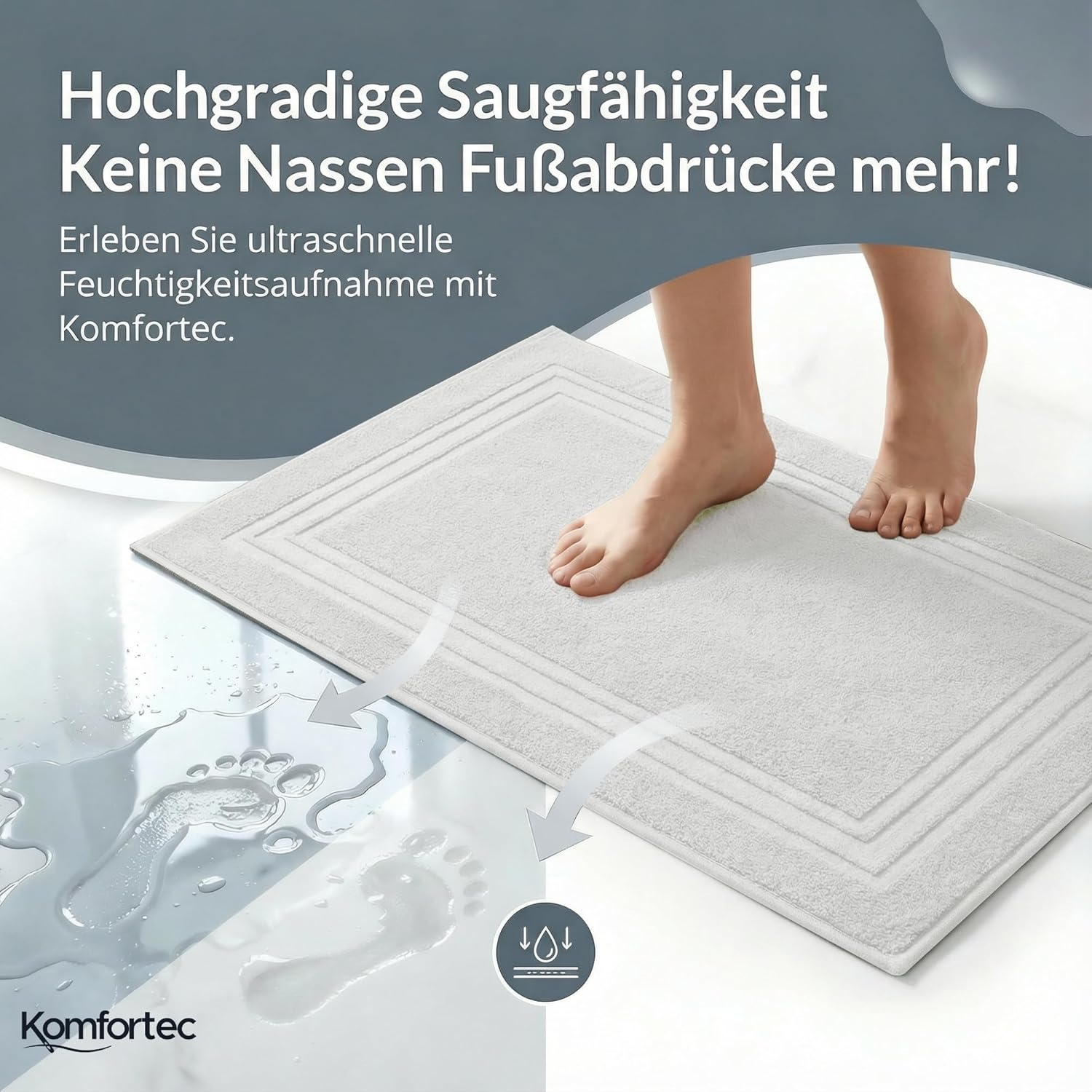 Komfortec Bath Mat Set, 2 Pieces, Terry Cloth Shower Mat, Washable Shower Mat & Bath Mat, 600 G/M&sup2; & 100% Cotton, Absorbent & Quick Drying, 50 X 70 Cm, White