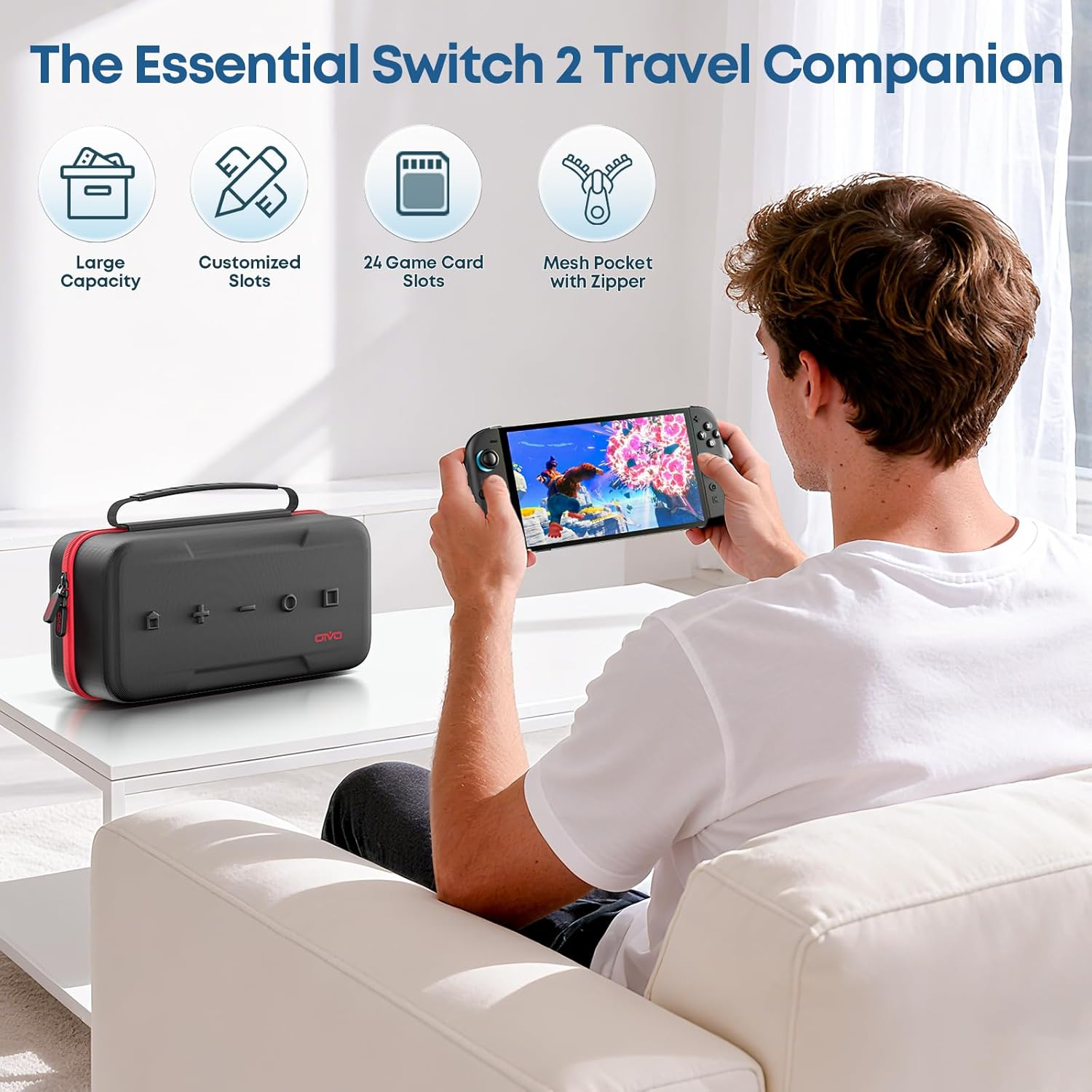 OIVO Switch 2 Carrying Case Compatible with 2025 Nintendo Switch 2, Portable Switch 2 Case Fit for Switch 2 Joycon & Adapter, Hard Shell Protective Travel Bag with 24 Game Slots, Red image number 4