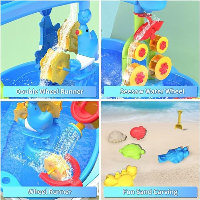 AUSWAY Sand Water Table Toy, 3In1 Kids Beach Sandbox Outdoor Activity Dolphin Water Wheel Shovel Toy image number 5