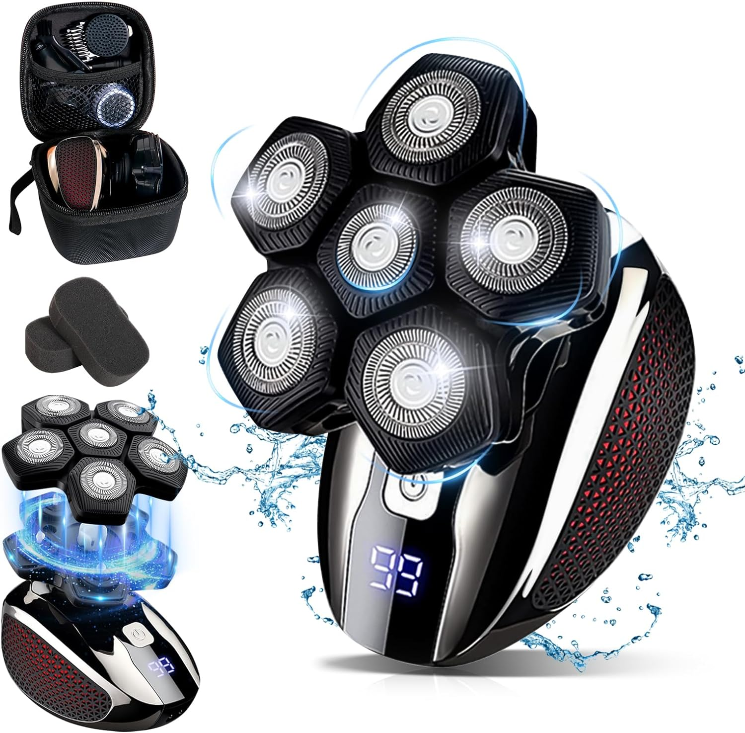 USOR Head Shavers for Bald Men, 5 in 1 Head Shaver 6D Rotary Razor Wet/Dry Led Display Rechargeable 100% Waterproof Shaver Grooming Kit with Clippers, Nose Trimmer, Brush, Massager for Travel image number 4