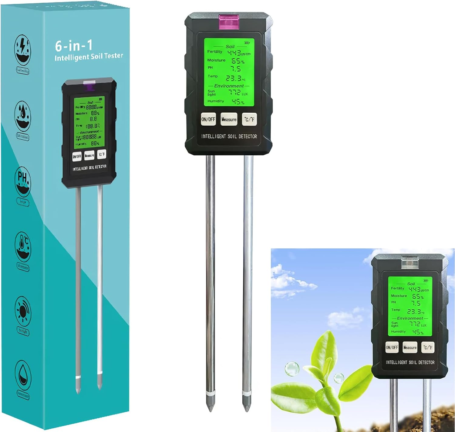 Soil Tester,6-In-1 Soil Moisture Meter with 2 Probes,Soil PH Tester with Light/Temperature/Lcd Display/Humidity for Gardening,Lawn Care,Plant Care,Farm,(Batteries Not Included) image number 5