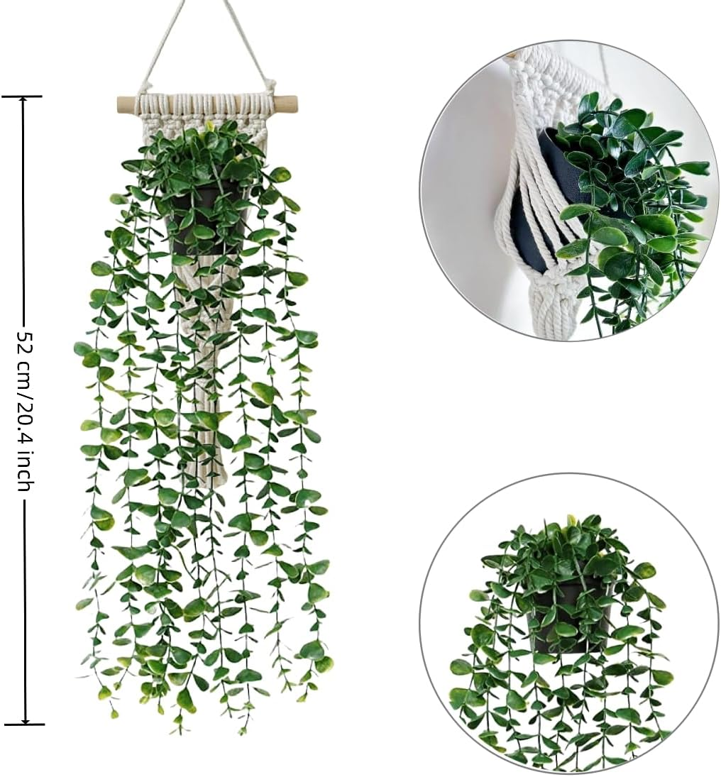 Avoik Artificial Eucalyptus Wall Hanging Decor, Artificial Hanging Greenery Plants, Macrame Plant Hanger with Faux Vines Hanging Planter for Boho Chic Home Office Bedroom Indoor Farmhouse Decor