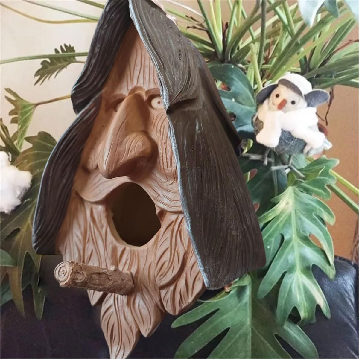 AIMALL 10.23 Inch Resin Birdhouse, Unique Face Design, Decorative Art, Hanging Bird Nest for Courtyard and Garden Decor image number 1