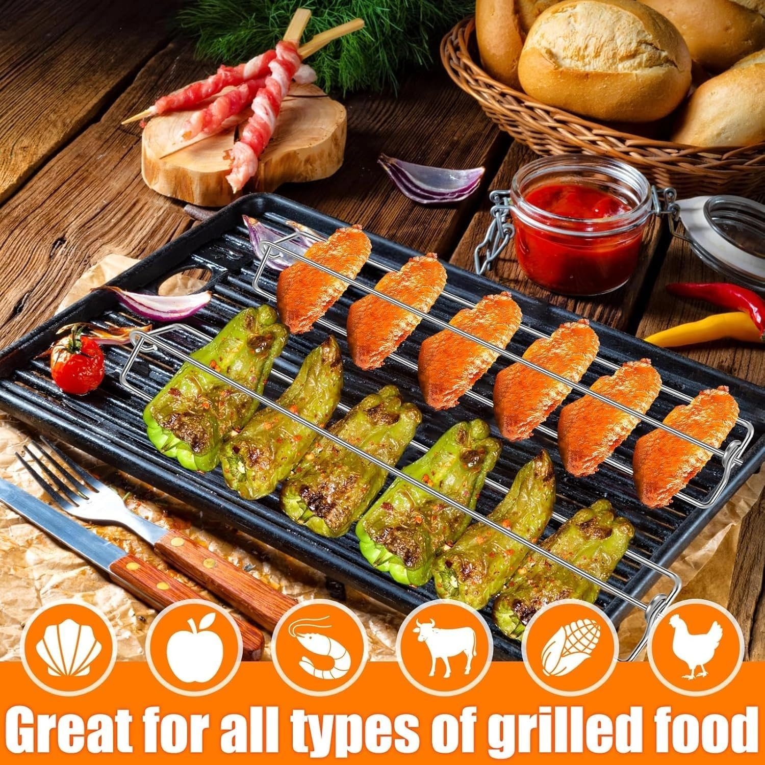 Lyfengdeam Chicken Wing BBQ Fork, Metal Grilling Rails, Wing Rails for Grilling Chicken Wings, U Shape Design Clamping Rails Flat Sticks Tool Set for Outdoor Picnic Camping Barbecue(4Pcs) image number 5