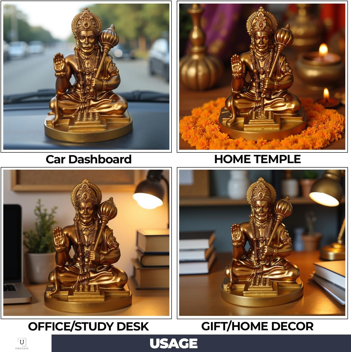 Hanuman Idol for Car Dashboard, Home, Office Desk &ndash; Hanuman Murti for for Pooja, Temple Showpiece, Decoration, Festivals and Gifting. (Golden, 9Cm)