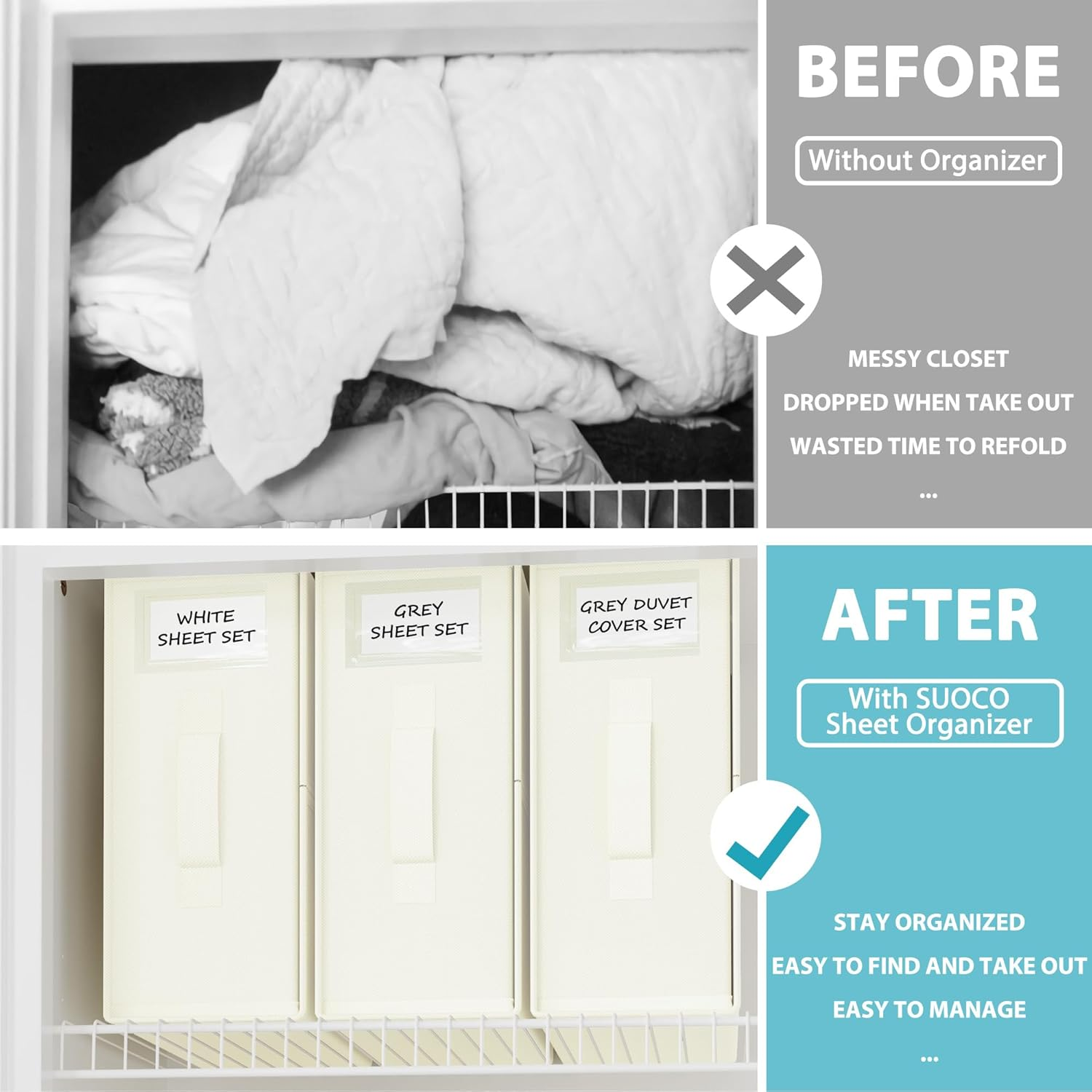 Sheetcube Bed Sheet Organizers and Storage 4 Pack, Foldable Linen Closet Organizer with Window and Label, Bedding Folder Storage Box Container for Blanket, Duvet Cover Set, Bed Sheet Set - Beige