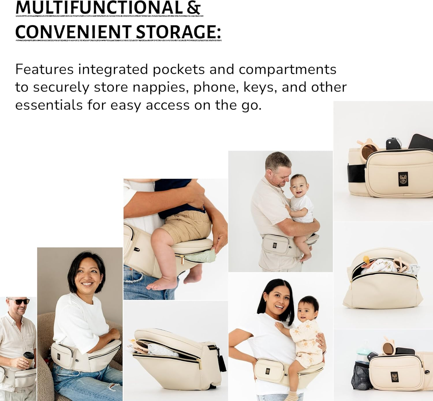 Hipsurfer Hip Seat Baby Carrier & Bum Bag for 0-3 Years Babies - Multi-Award Winning, Ergonomic Baby Hip Carrier in Australia for Newborns & Toddlers, Vegan Leather, Inbuilt Storage(Sand) image number 6
