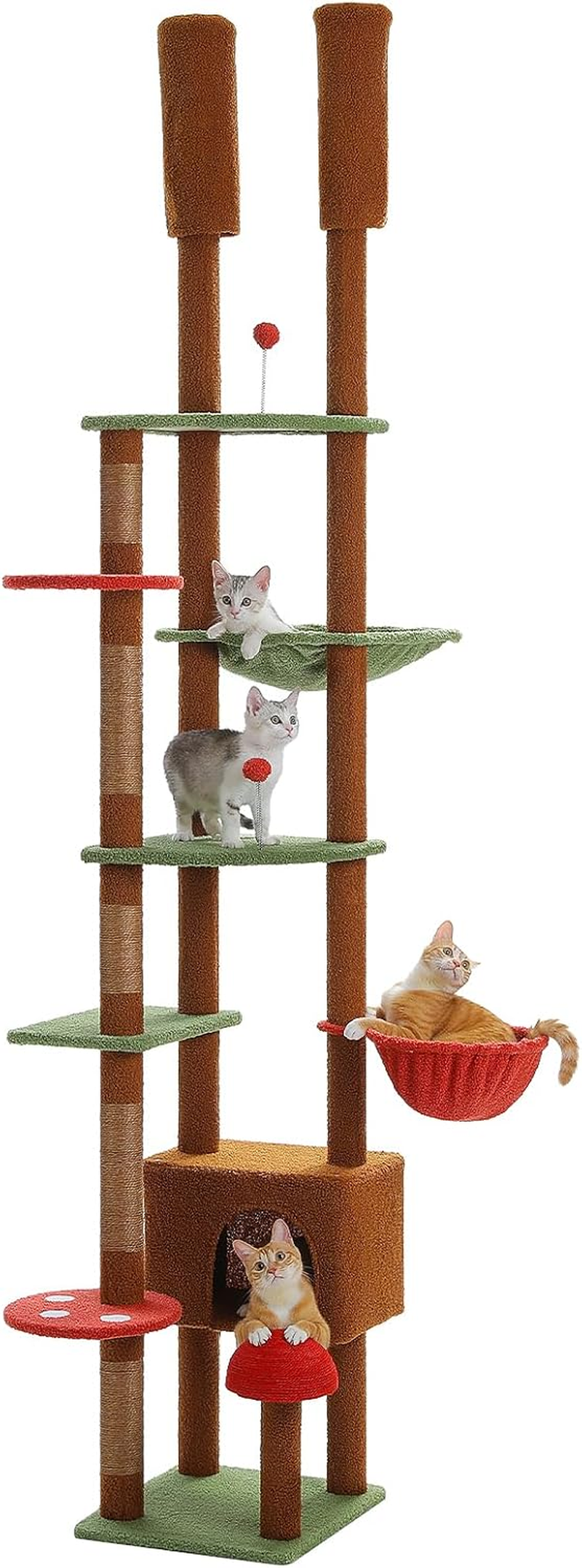 PAWZ Road Cat Tree, Floor to Ceiling Cat Tower Height Adjustable(230-252Cm), Cactus Cat Climbing Tree with Cat Condo, Cozy Hammock and Cat Scratching Posts for Indoor Large Cats, Green